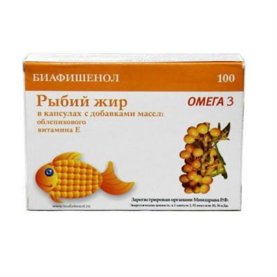 Рыбий жир биафишенол капс. облепиха-вит Е 300мг №100