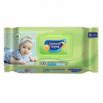 Салфетки влажные детские Аура солнце и луна N100 с крышкой