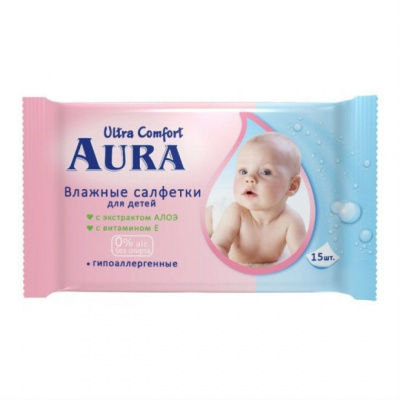 Аура Ультра Комфорт Салфетки влажные для детей Алоэ и витамин Е N15